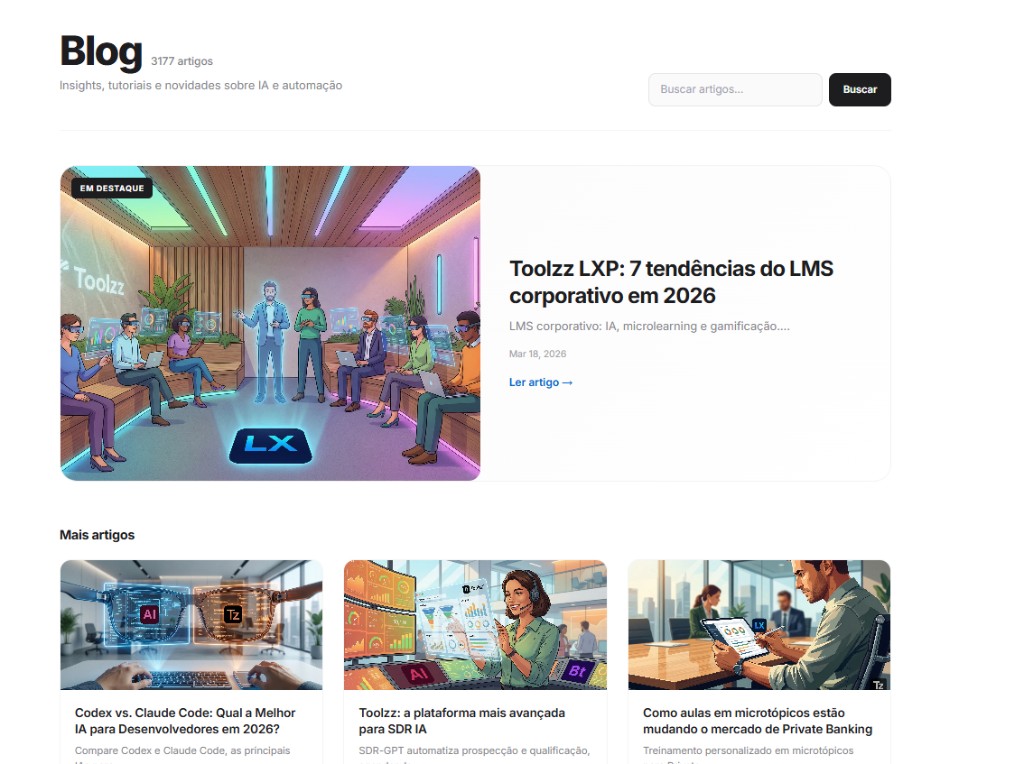 Blog Toolzz — página principal com artigos em destaque e mais artigos